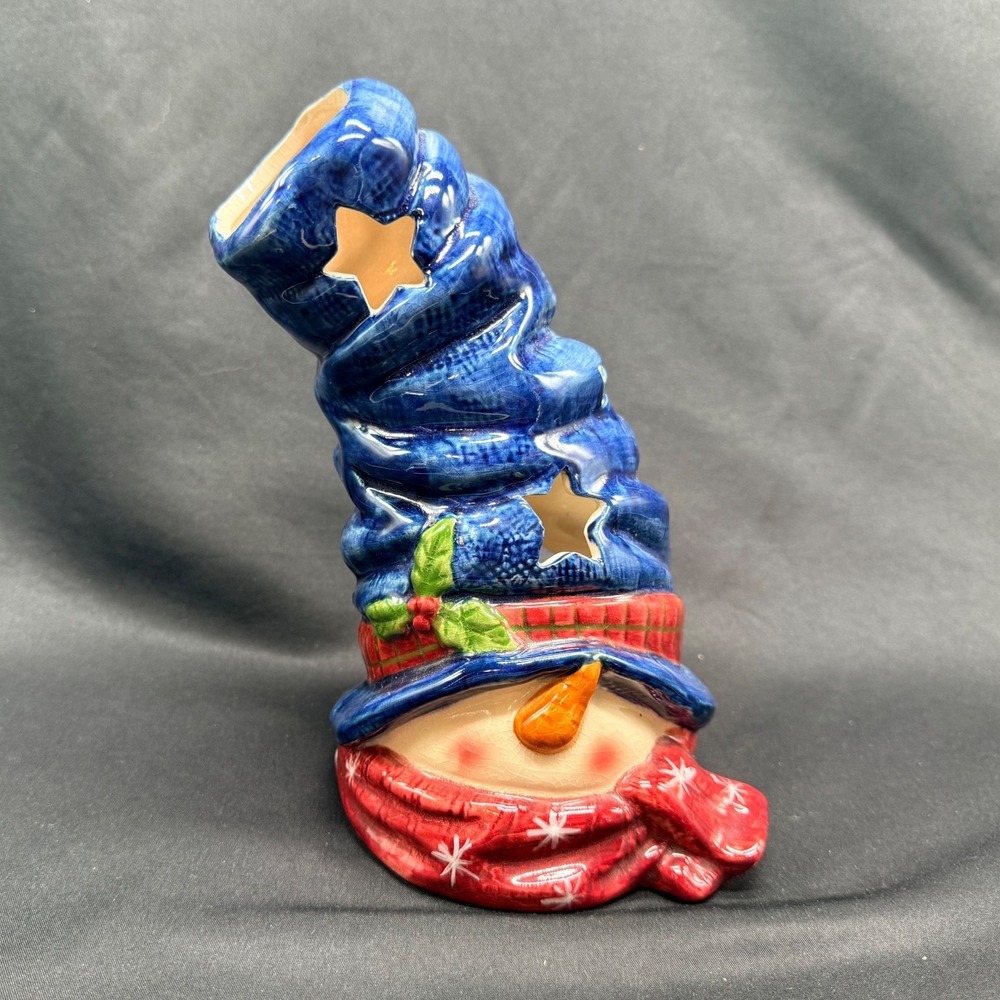 Snowman Ceramic Tea Light Candle Holder Blue Star Hat Christmas Holiday Decor